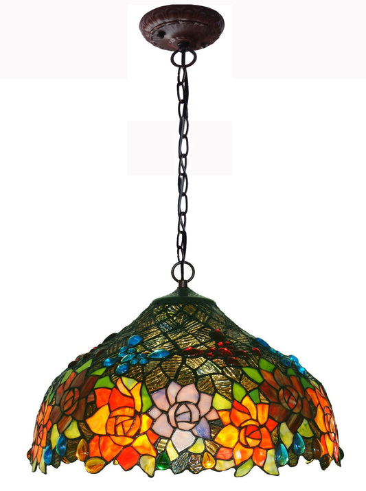 Large 17" Rose Stained Glass Tiffany Hanging Light