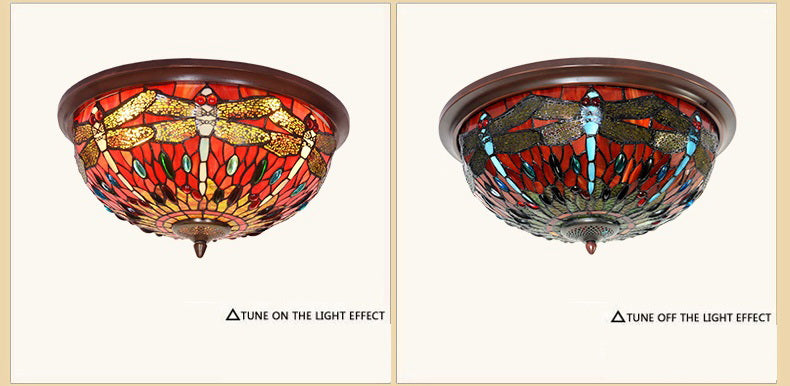 Large 3 lights Red Dragonfly Tiffany Style  Flush Mount Ceiling Lights