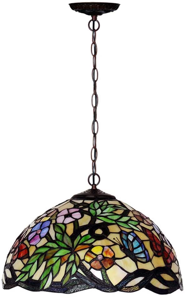 16" Flower Butterfly Style Stained Glass Leadlight Tiffany Pendant Light