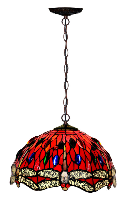 12" Red Dragonfly Stained Glass Tiffany Pendant Light