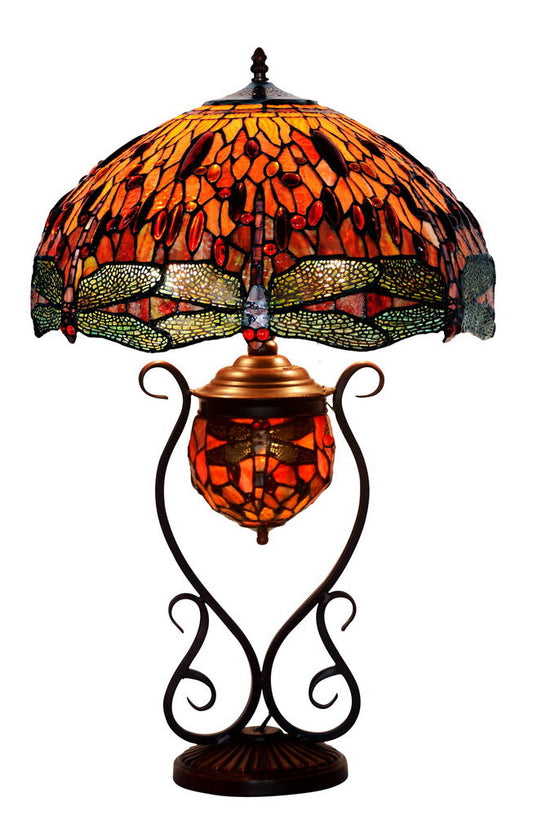 Limited Edition@Huge 18" Tiffany Reproduction Double Lights Traditional Dragonfly Tiffany Table Lamp